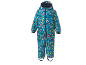 Combinaison de pluie pour enfants avec imprimé renards et arbres sur fond bleu-vert.