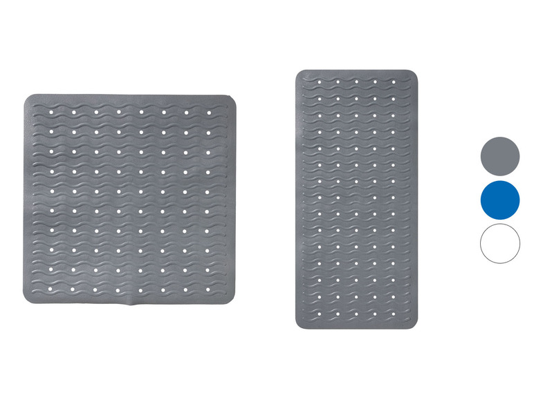 Deux tapis de bain gris avec des picots antidérapants et une texture ondulée.