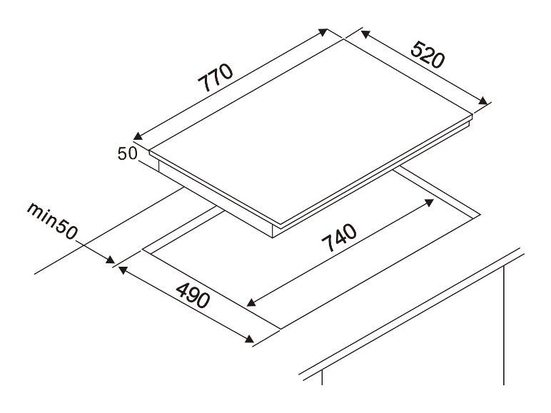 Dessin technique d'une table de cuisson avec dimensions : surface 770x520mm, découpe 740x490mm, profondeur min 50mm.
