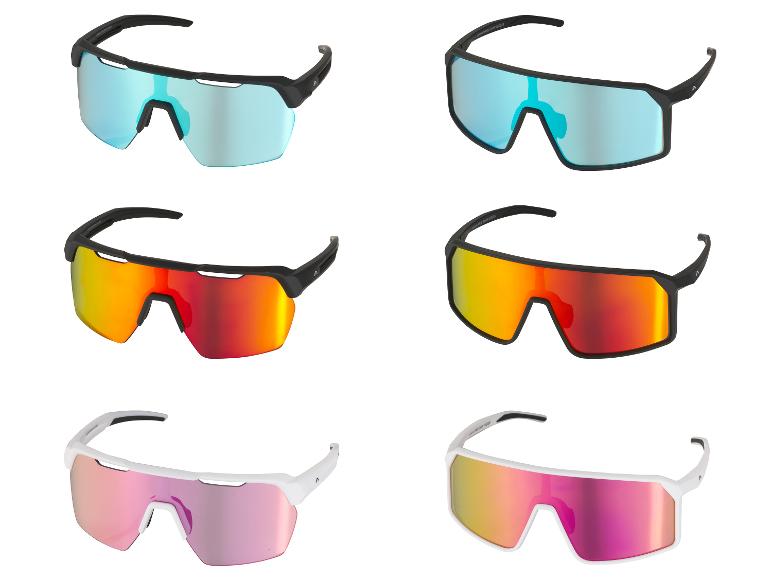 Six paires de lunettes de soleil de sport avec montures noires et blanches, et verres bleus, rouges et roses.