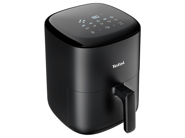 Une friteuse à air Tefal noire avec commande numérique.