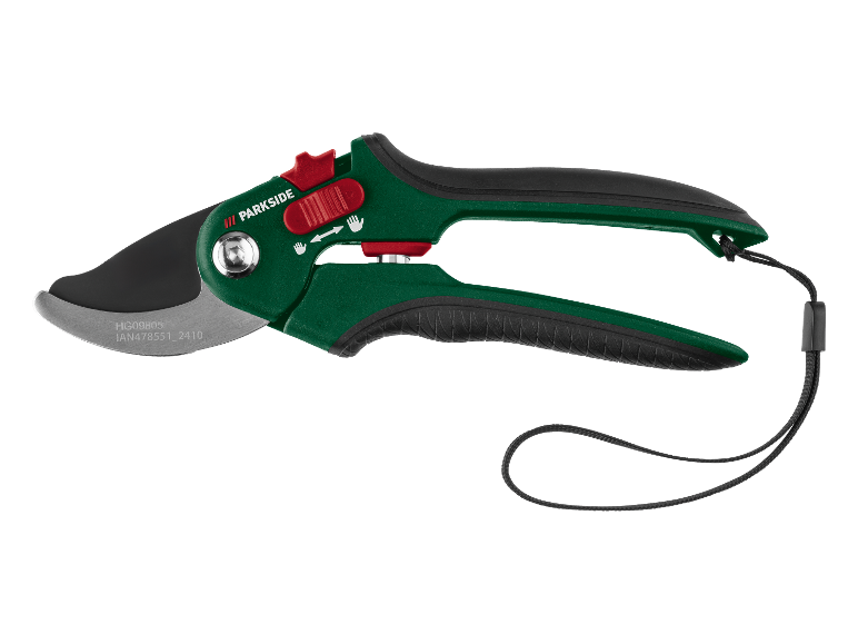 Sécateur Parkside avec poignée ergonomique et cordon.