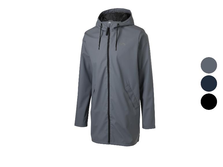 Imperméable long Crivit pour homme en gris avec fermeture éclair noire et capuche, avec options de couleur.