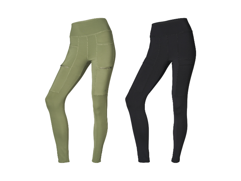 Deux paires de leggings pour femmes, un vert olive et un noir, avec des poches latérales.