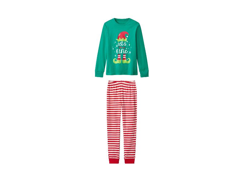 Pyjama rayé vert et rouge avec un imprimé d'elfe de Noël.