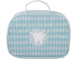 Trousse de toilette bleu clair avec motif losanges blancs et logo dent brillante.