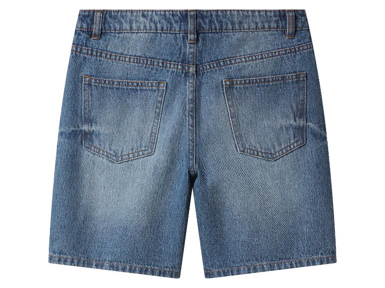 Dos d'un short en jean bleu avec poches et passants de ceinture.