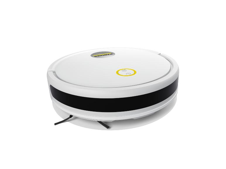Aspirateur robot blanc avec bordure noire et boutons jaunes