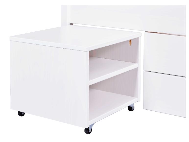 Table de chevet blanche avec étagères sur roulettes.