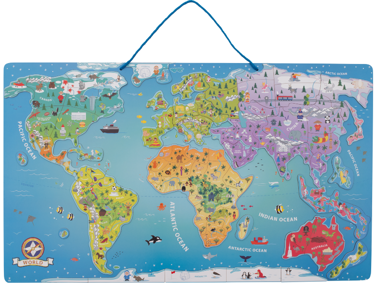 Puzzle carte du monde avec animaux et monuments, présentant les océans Pacifique, Atlantique, Indien, Arctique et Antarctique.