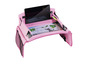 Une table rose pour tablette avec une poche en filet et un dessin de chat.