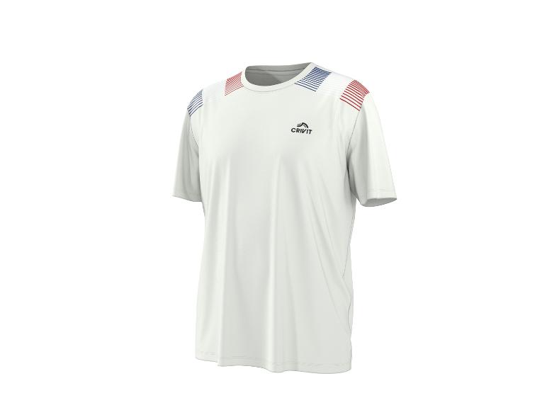 T-shirt de sport blanc avec des rayures bleues, blanches et rouges sur les épaules.