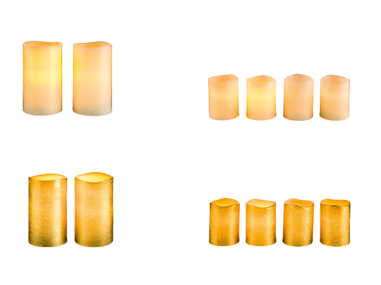 Bougies LED en cire véritable LIVARNO® avec effet de flamme vacillante et fonction d'extinction, en blanc et or.