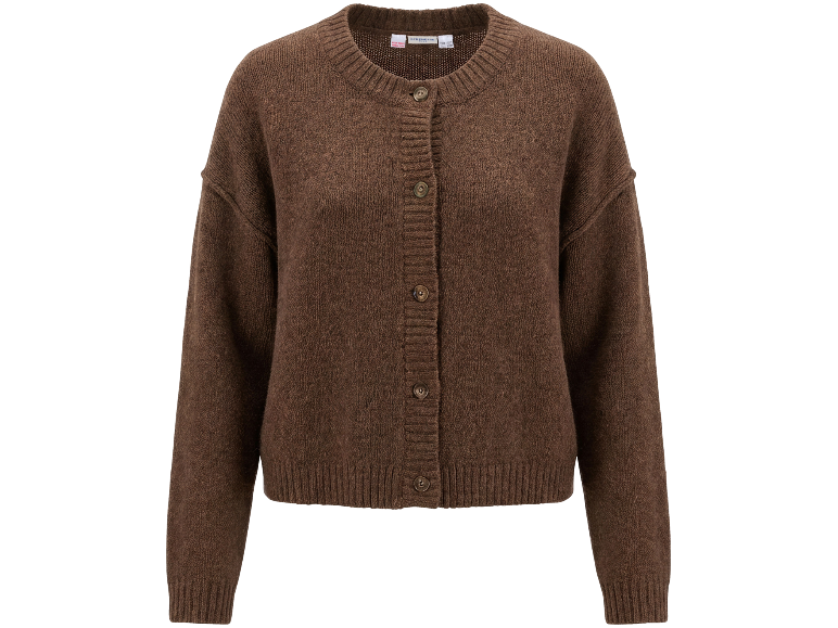 Gilet en maille marron pour femme avec boutons.