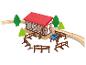 Jouets en bois avec un cheval, une écurie et une clôture
