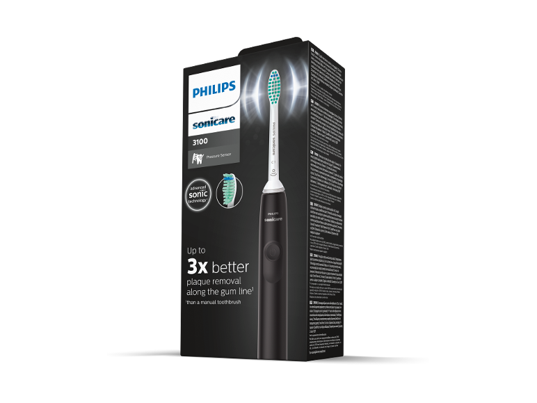 Brosse à dents électrique noire dans son emballage avec le texte 'Jusqu'à 3x meilleure élimination de la plaque'.