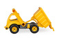 Un camion à benne basculante jouet jaune avec la benne relevée.