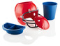 Casque de football rouge, seau bleu et un bac bleu avec deux compartiments.