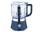 Robot culinaire Masterpro bleu marine : bol transparent et lames tranchantes.