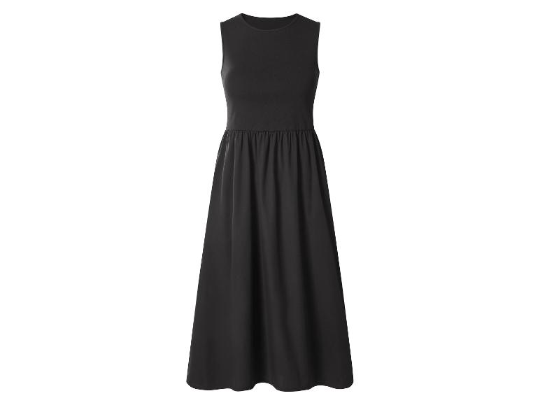 Robe longue noire sans manches avec col rond et taille froncée.