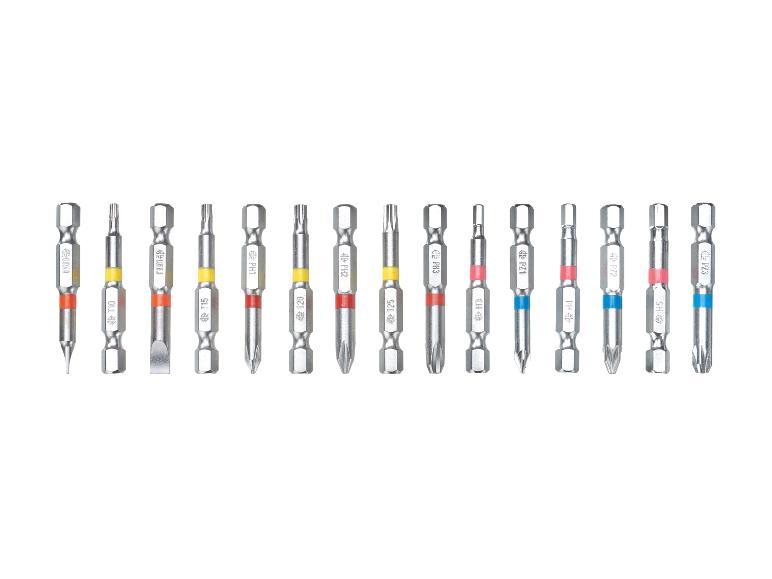 Jeu d'embouts de tournevis avec différents types de têtes et marquages de taille.