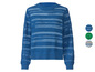 Un pull bleu tricoté avec des rayures ajourées.