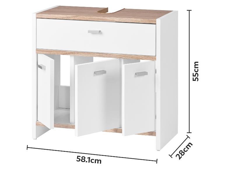 Meuble sous-lavabo blanc et bois avec tiroir et portes, dimensions 55x58.1x28cm.