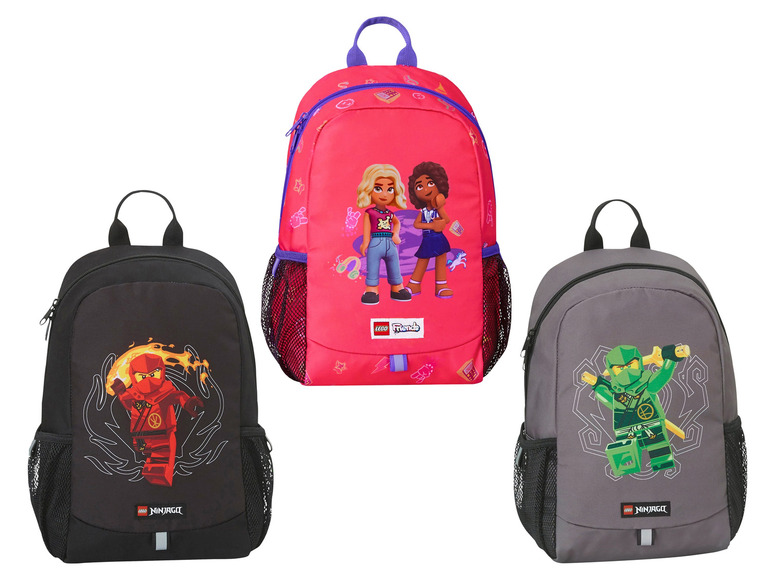 Trois sacs à dos LEGO avec des images de Friends, Ninjago et Ninjago.