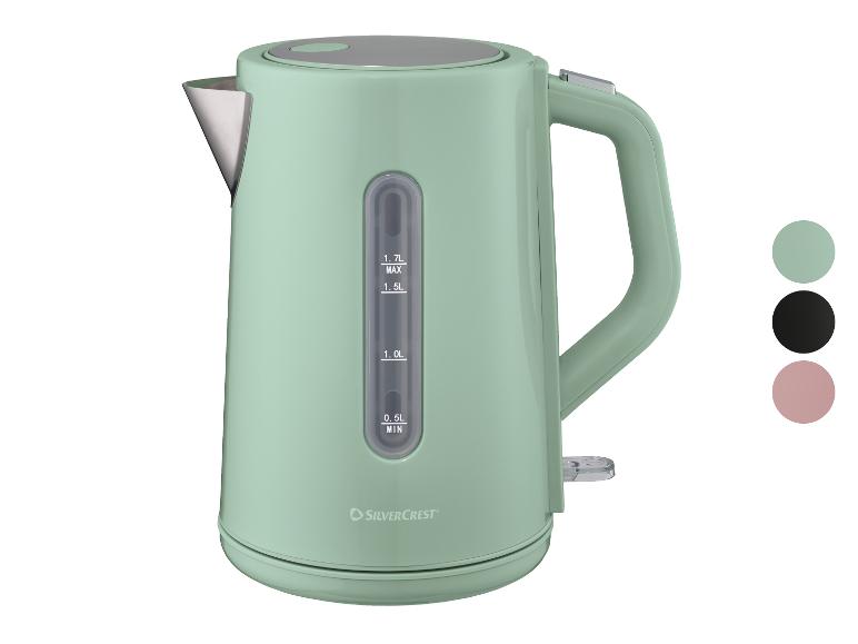Bouilloire électrique vert menthe avec indicateur de niveau d'eau et options de couleur.