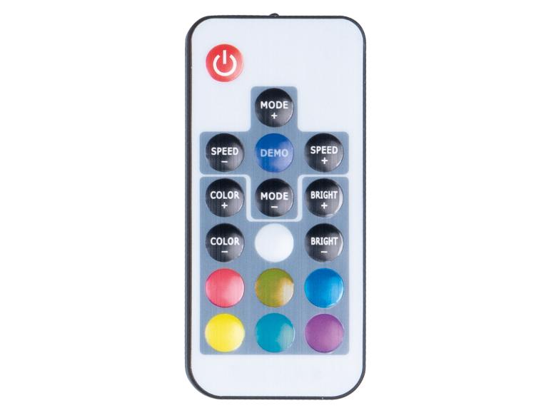 Télécommande blanche avec boutons noirs et colorés pour le contrôle de la lumière.