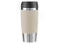 Thermos beige et acier inoxydable.