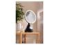 Miroir de maquillage lumineux avec haut-parleur Bluetooth sur étagère en bois avec plante et parfum.