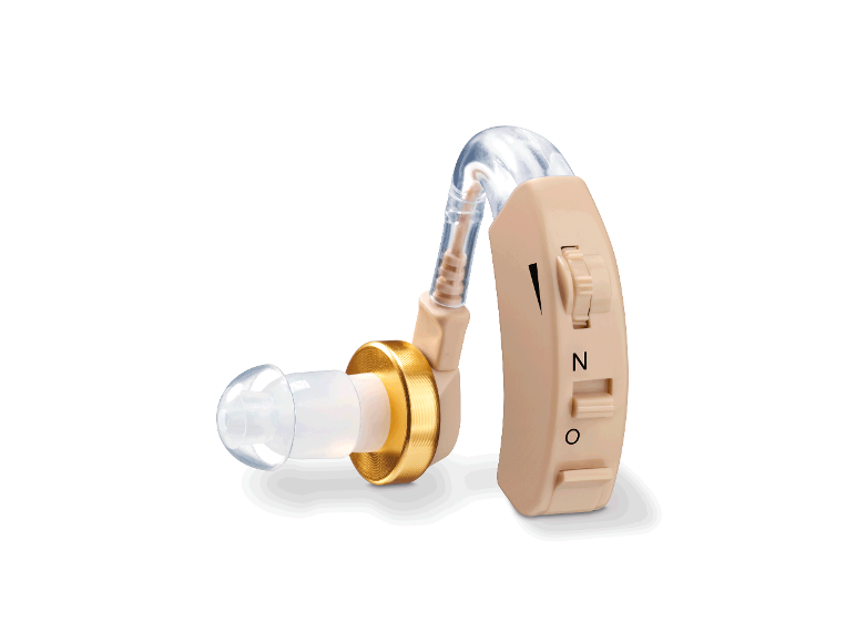 Appareil auditif beige avec tube transparent et anneau doré, avec interrupteur N/O.