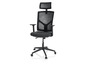 Un fauteuil de bureau noir avec un dossier en maille et un appui-tête.
