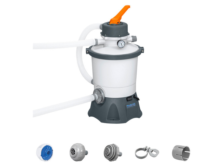 Filtre de piscine Bestway avec tuyau, buses et accessoires.