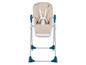 Chaise haute beige avec des détails bleus et un harnais de sécurité.