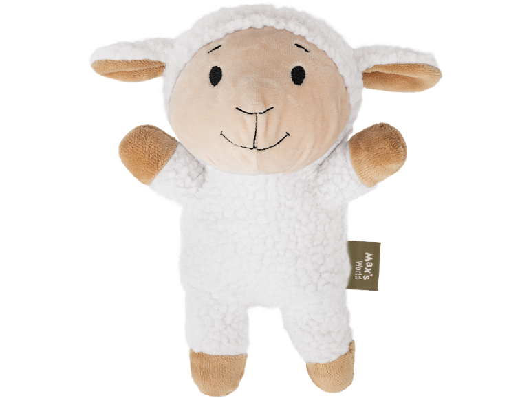Peluche d'agneau blanche avec un visage beige et des sabots marron