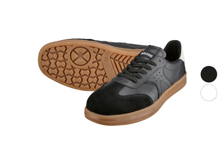 Baskets noires pour hommes avec semelle marron, présentées sous deux angles.