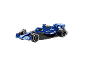 Voiture de course miniature bleue avec des roues à liseré blanc sur fond noir