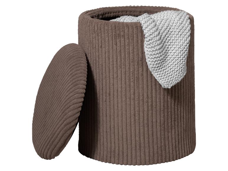 Panier de rangement rond en velours côtelé marron avec couvercle et couverture tricotée blanche