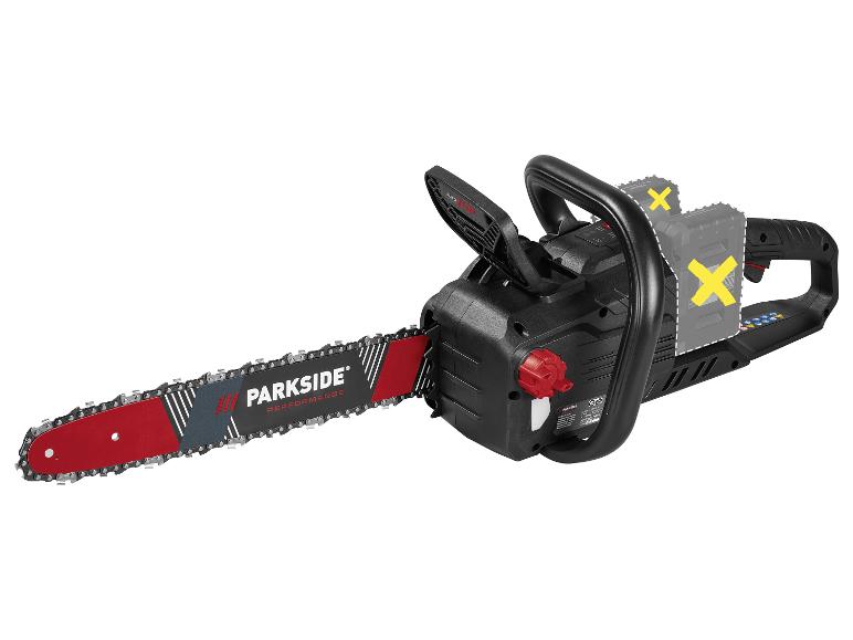 Une tronçonneuse sans fil Parkside Performance est montrée.