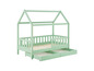 Un lit en bois vert menthe avec une tête de lit en forme de maison et deux tiroirs.