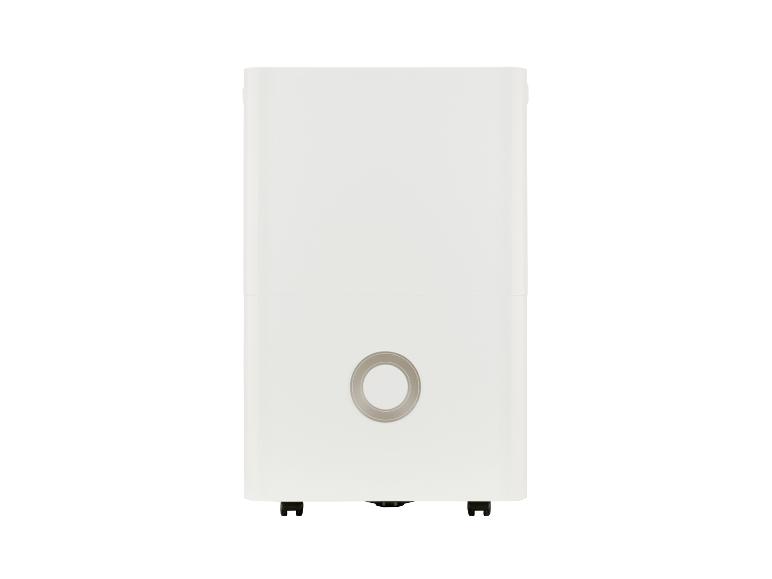 Déshumidificateur blanc avec un anneau gris au centre, vue de face.
