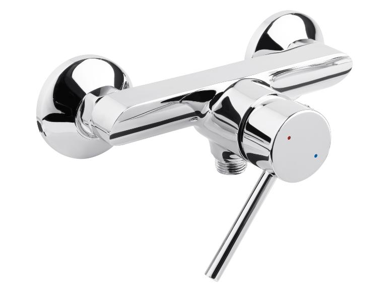 Mitigeur de douche chromé à levier unique avec indicateurs chaud/froid.