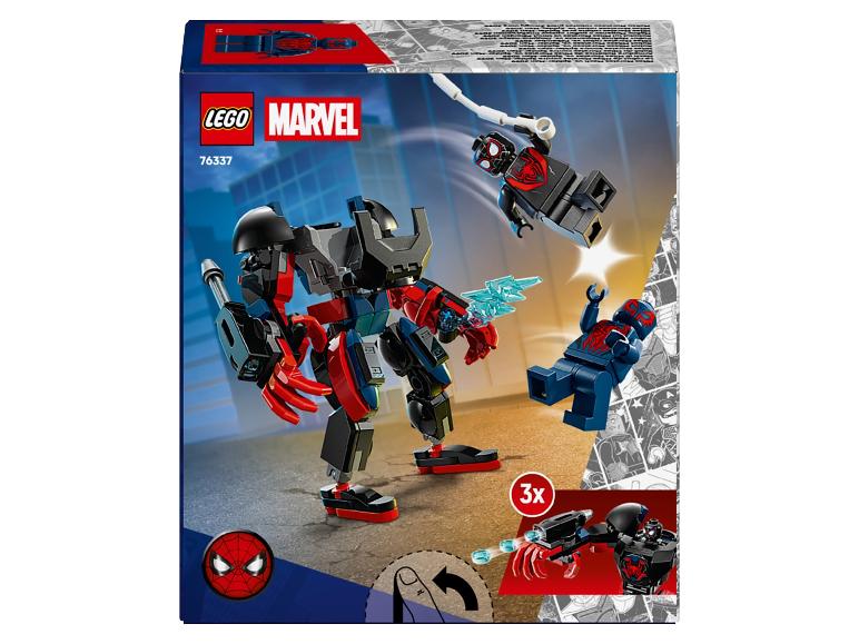Ensemble Lego 76337 avec un robot rouge et noir et des figurines Spider-Man.