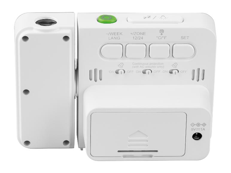 Réveil numérique blanc avec projecteur et boutons à l'arrière.