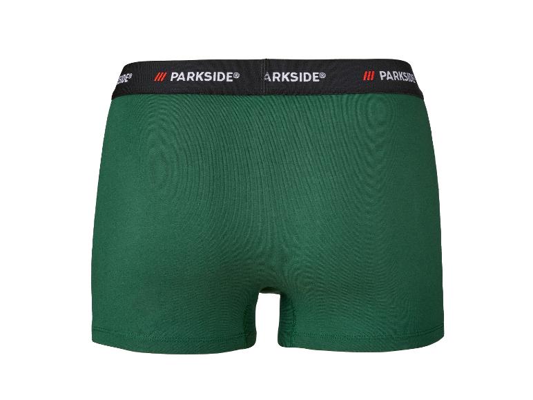 Boxer vert avec bande élastique noire, texte blanc 'PARKSIDE®' et marque rouge.
