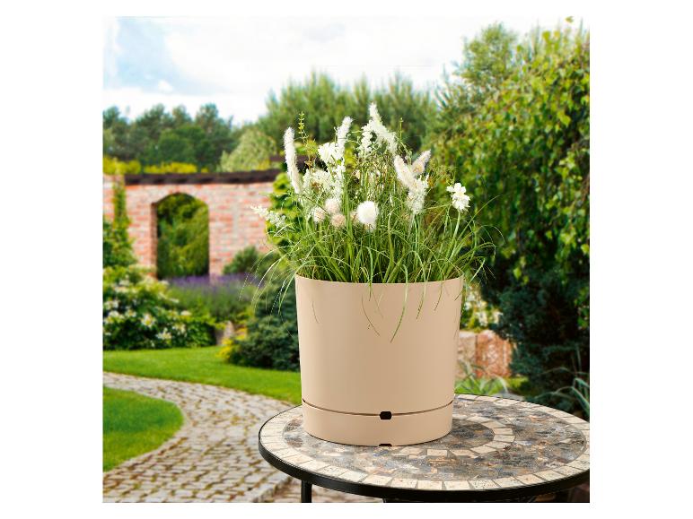 Pot de fleurs beige avec plantes blanches sur une table en mosaïque dans un jardin.