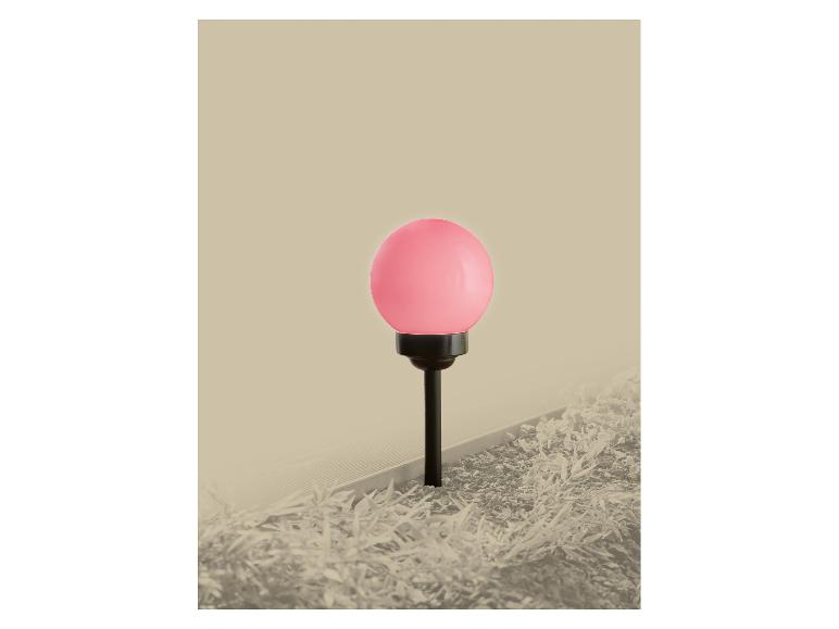 Lumière de jardin ronde rose dans un parterre de plantes.