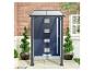 Auvent de porte gris moderne au-dessus d'une porte bleue avec plantes décoratives.